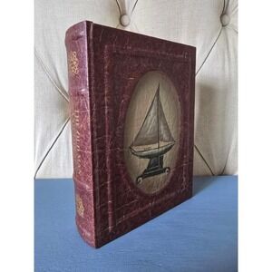 Vintage Hidden Book Safe Storage Box Sailboat Faux Leather Secret Compartment